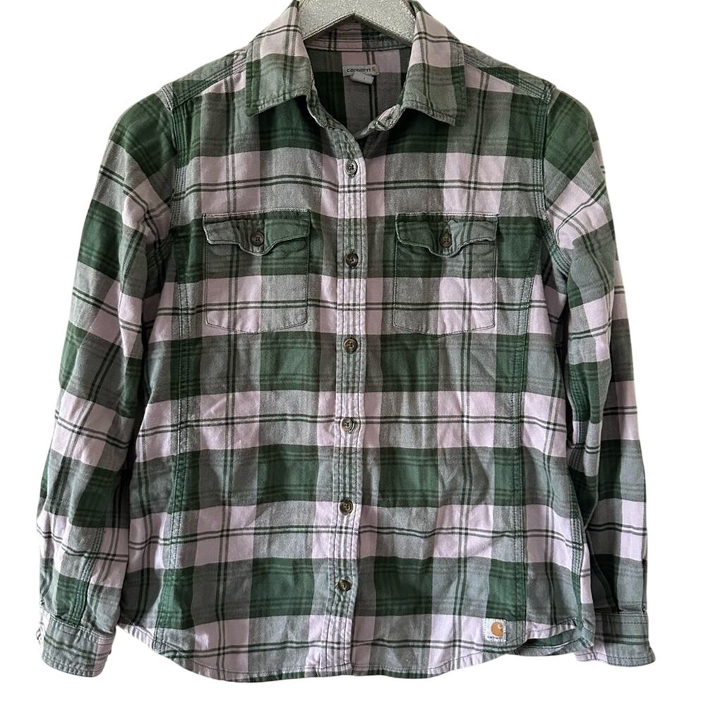 Carhartt Green and Purple Flannel Plaid Button Down Shirt
